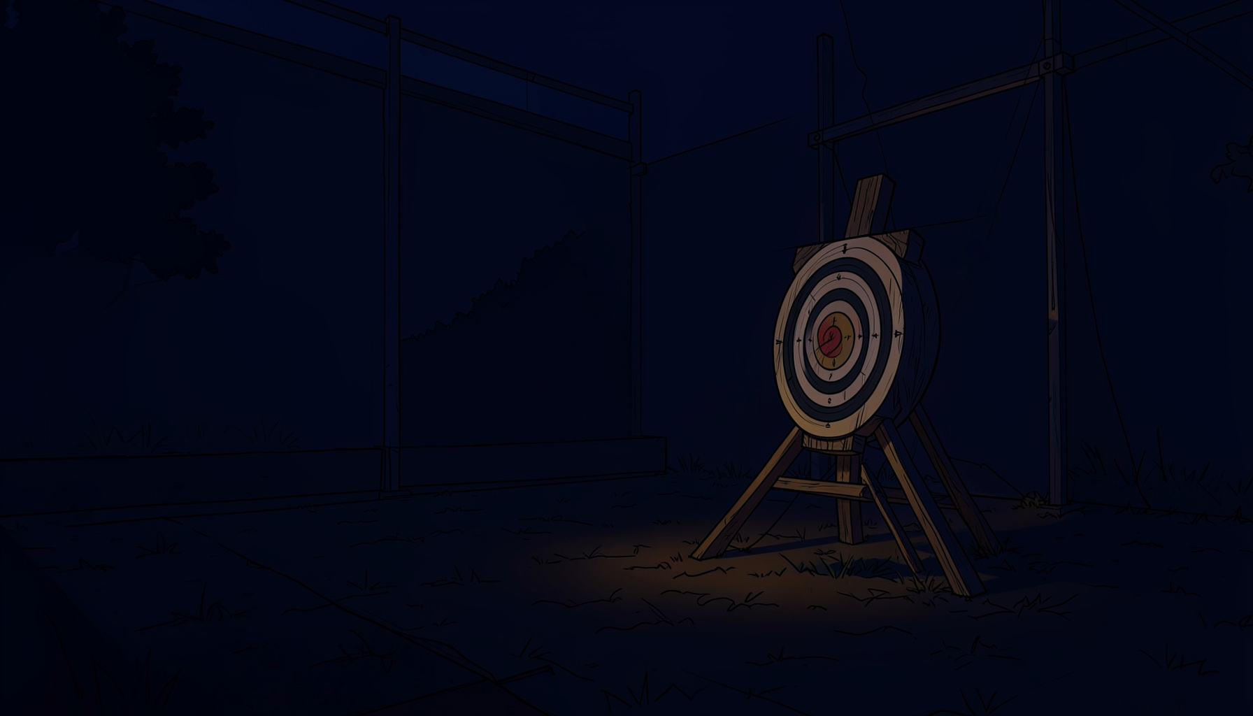 Dark atmospheric archery range at dusk, deep navy shadows with warm amber light spilling across a wooden target stand, moody and quiet