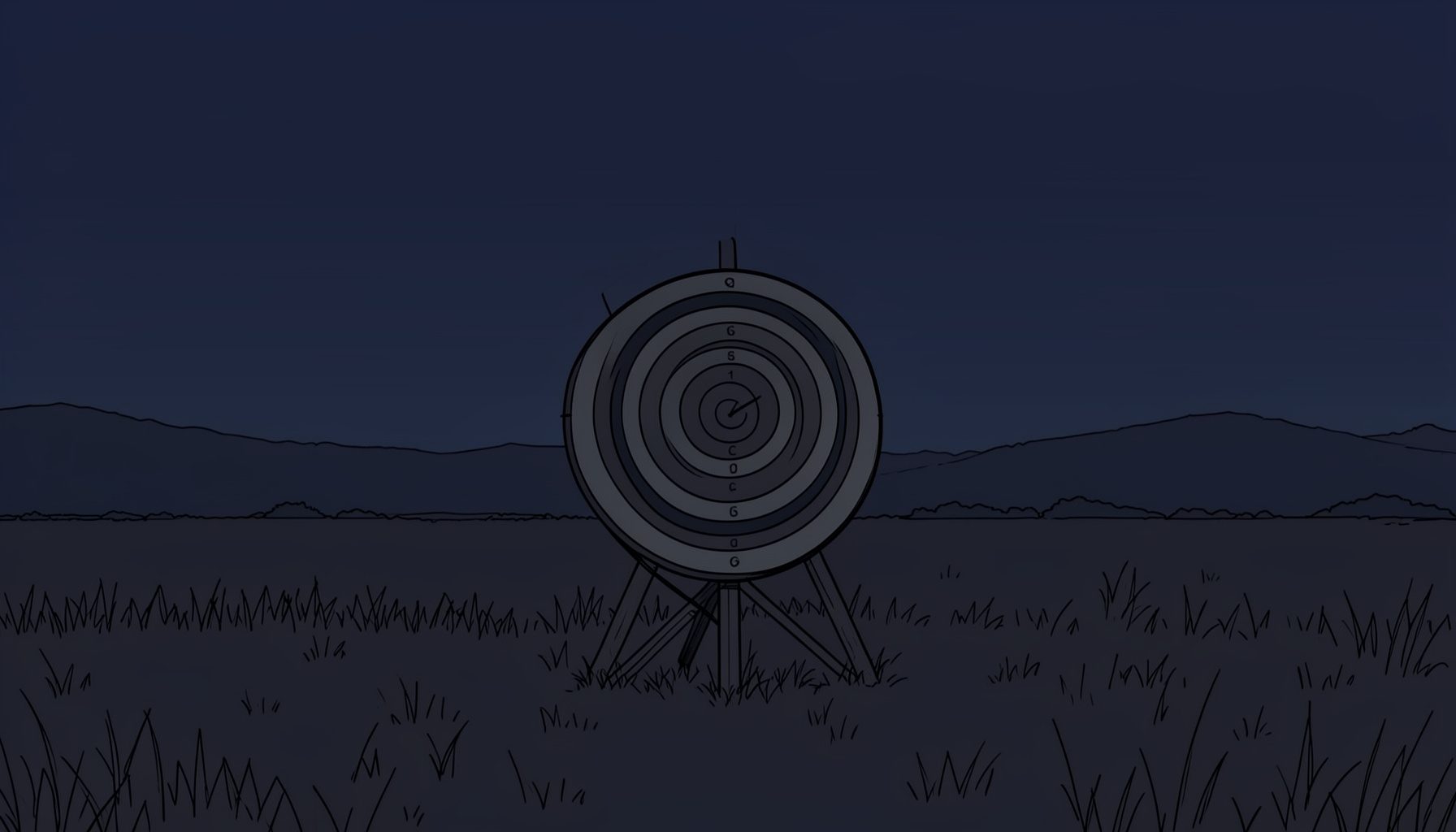 A dark atmospheric scene with a single archery target standing in a quiet field at dusk, deep navy and muted charcoal tones