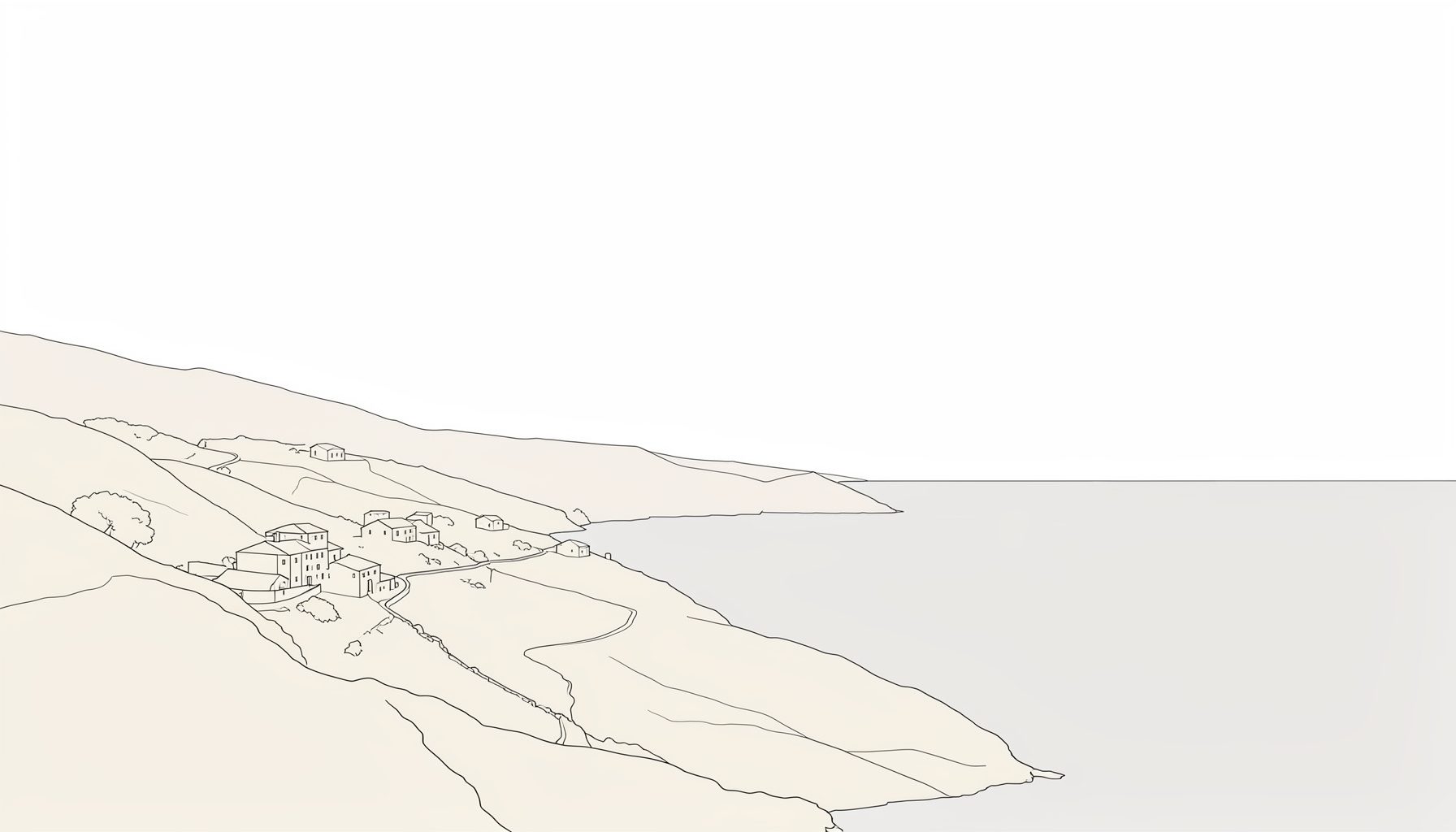 A minimal line drawing of a coastal Corsican landscape with gentle hills, scattered stone buildings, and a calm sea under a wide sky, rendered in soft slate and pale sand tones
