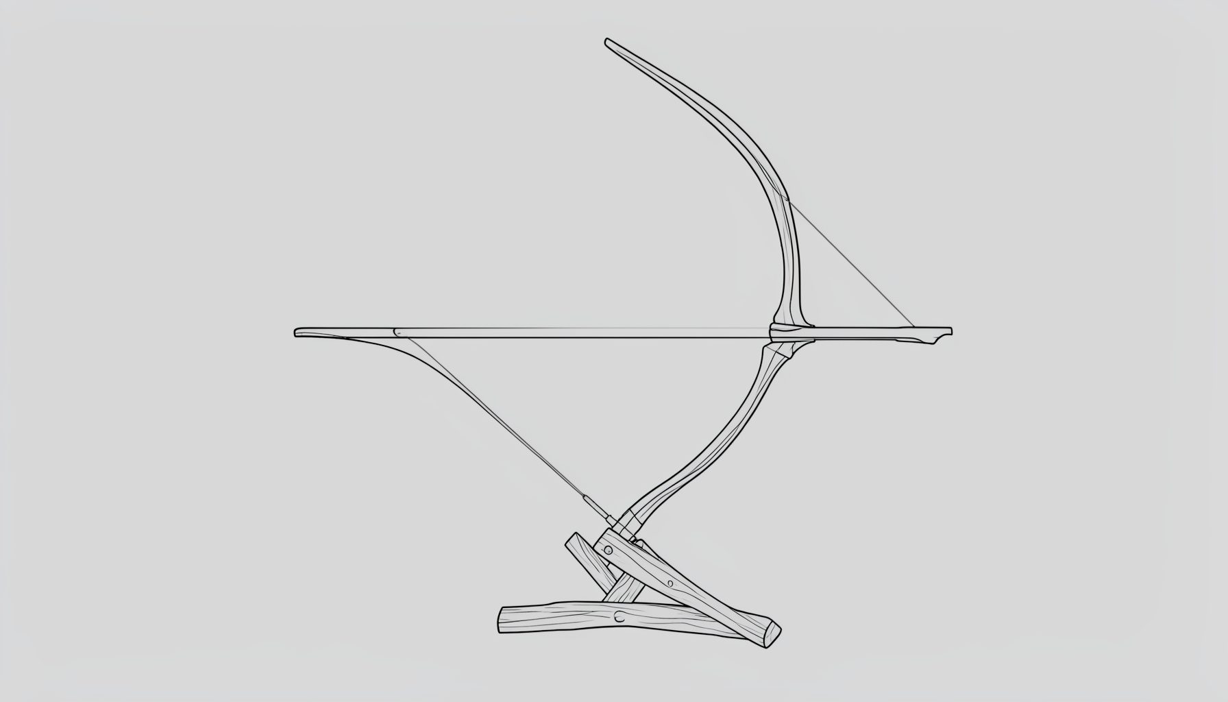 A recurve bow resting on a wooden stand against a muted grey background, simple line-art style
