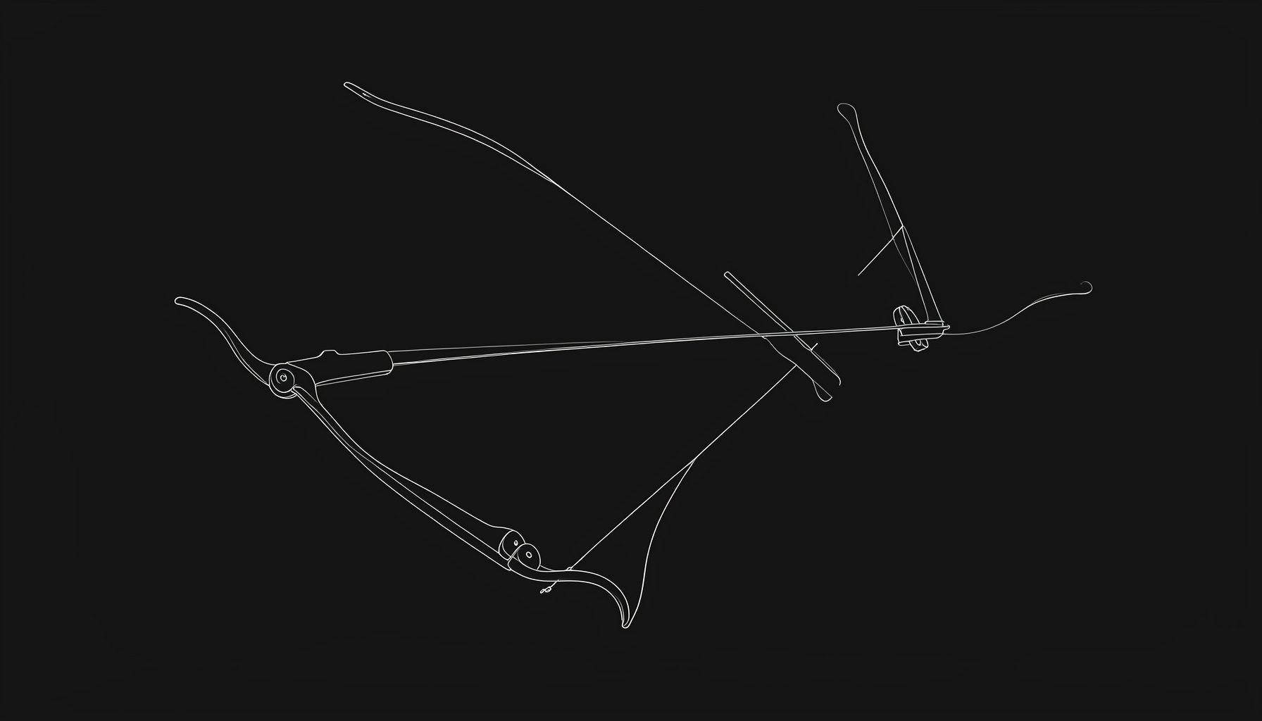 A compound bow with its distinctive cam wheels, drawn in clean minimalist lines on a dark backdrop
