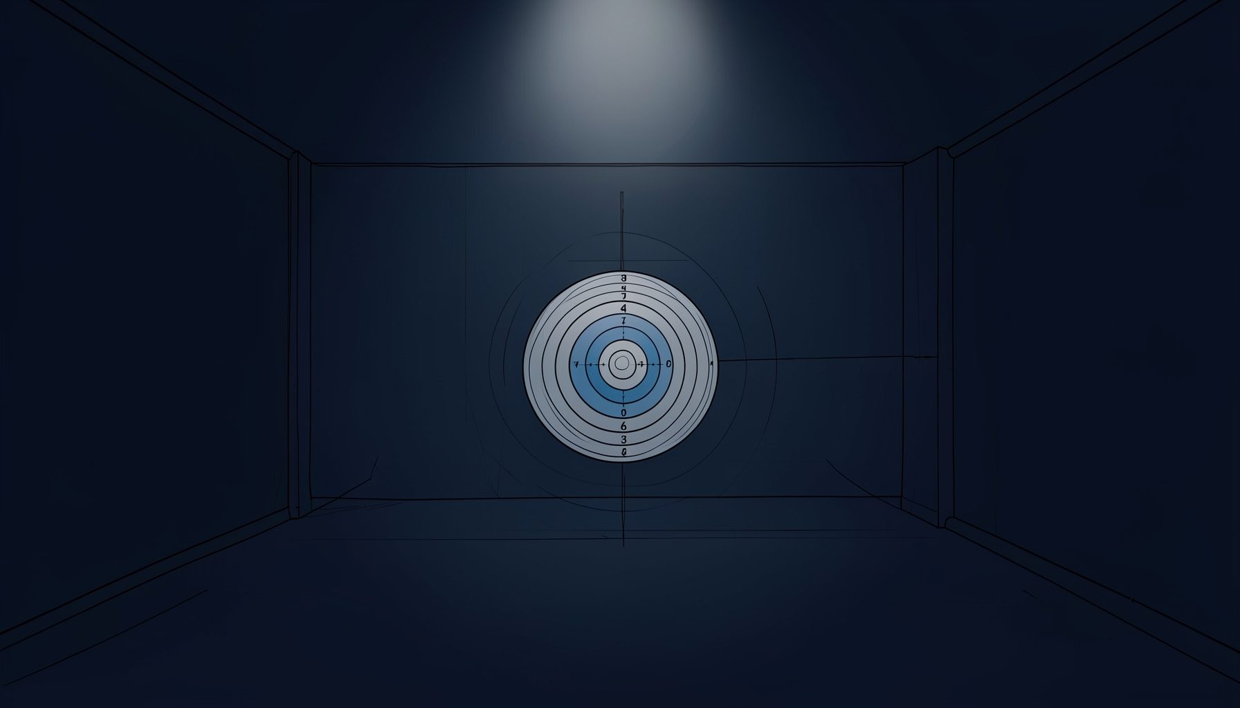 A dark archery range with a single target illuminated by soft overhead light, deep navy and charcoal tones
