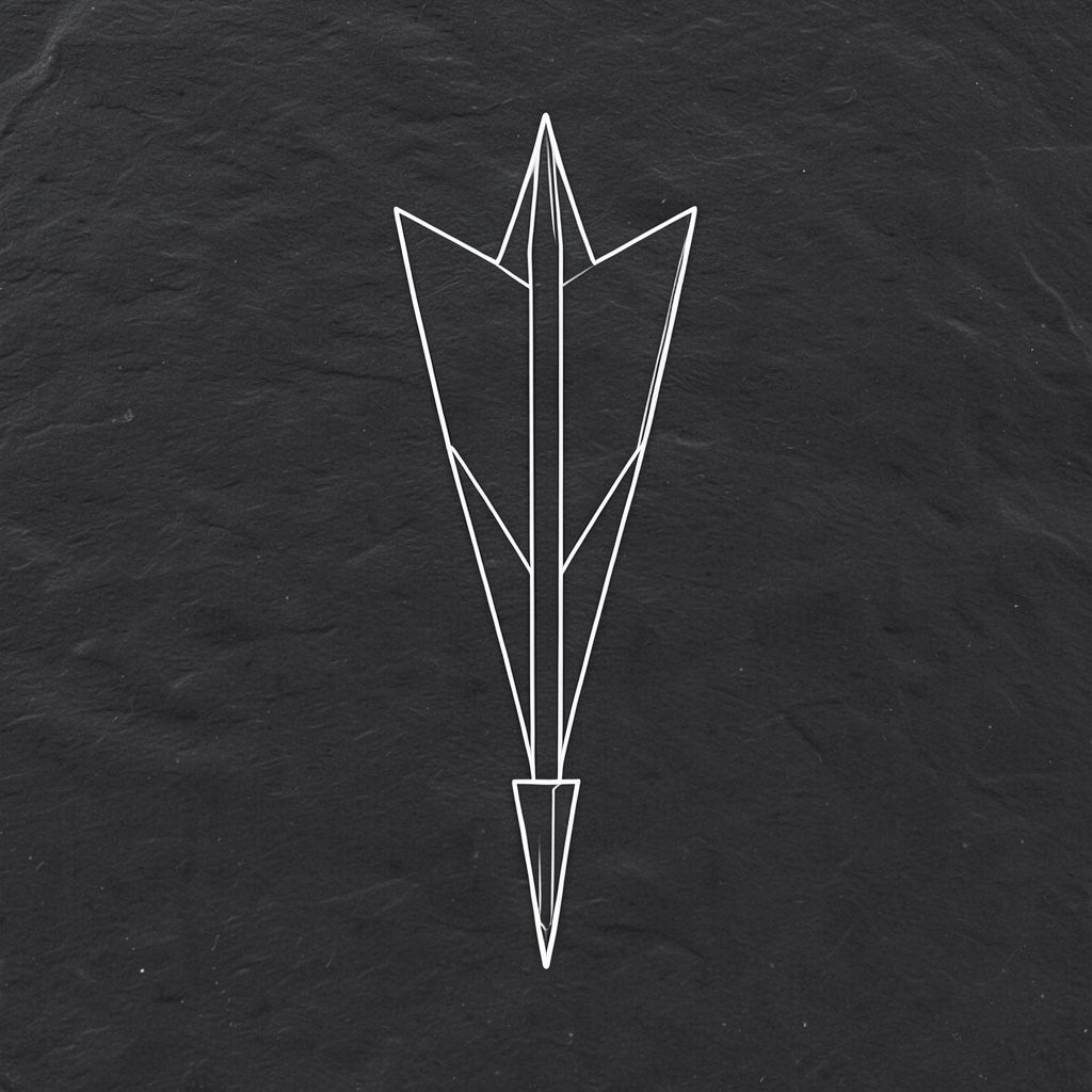 A close-up line drawing of a three-bladed broadhead arrow tip, sharp and angular, on a dark slate background