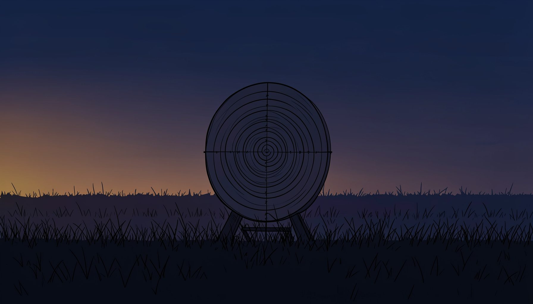 A dark atmospheric scene with a single archery target standing in a field at dusk, warm amber light fading into deep navy shadows