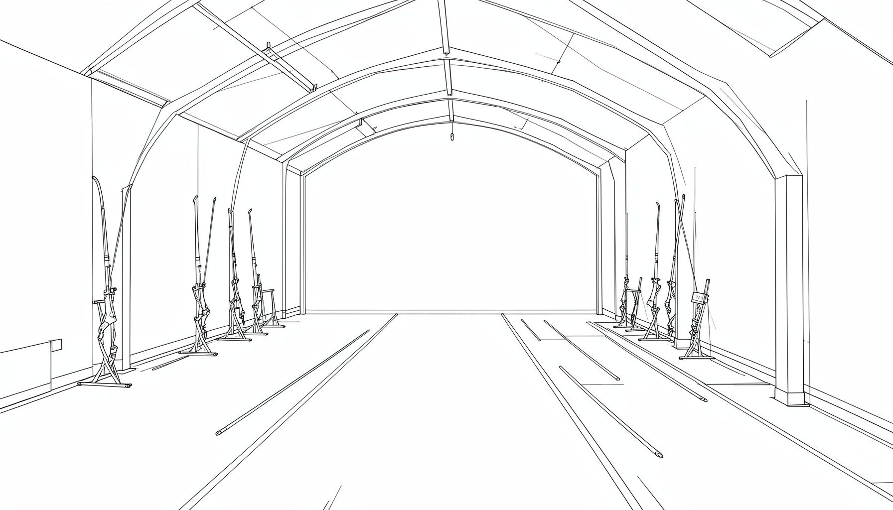 A restrained line drawing of an indoor archery hall with lanes marked on the floor and bows resting on stands