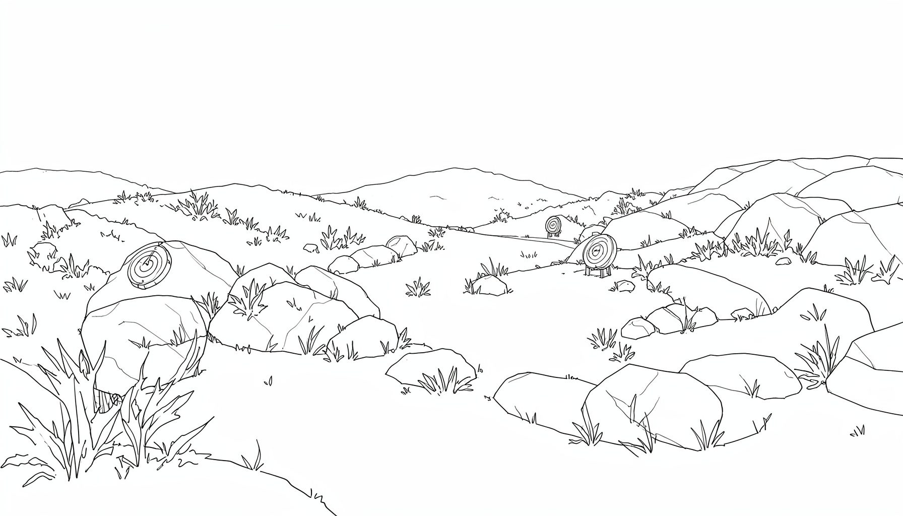 A simple sketch of a 3D archery course winding through scrubland with animal-shaped targets partially hidden among rocks