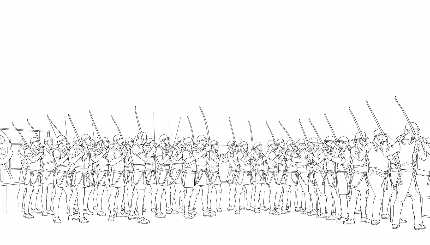 A minimal line drawing of archers lined up on an outdoor range, bows raised toward distant targets under a pale sky