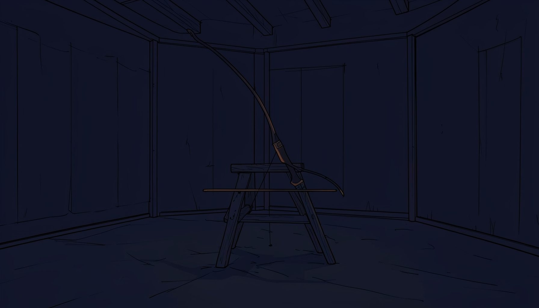A dark atmospheric archery range with a single bow resting on a wooden stand, deep navy and charcoal tones with subtle warm highlights